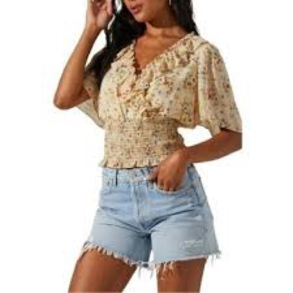 ASTR The Label Flutter Sleeve Cream Yellow Floral Smocked Top Women Size Small - Picture 2 of 16